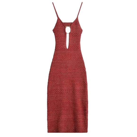 WOMAN MIDI STRAPPY METALLIC KNIT DRESS WITH BUCKLE CUT-OUT RED- NEW NEVER WORN - Picture 1 of 5